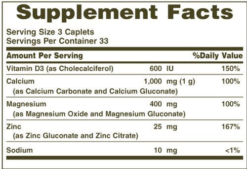 Nature's Bounty Calcium Magnesium Zinc cap pictured, emphasizing convenient one-a-day caplet
