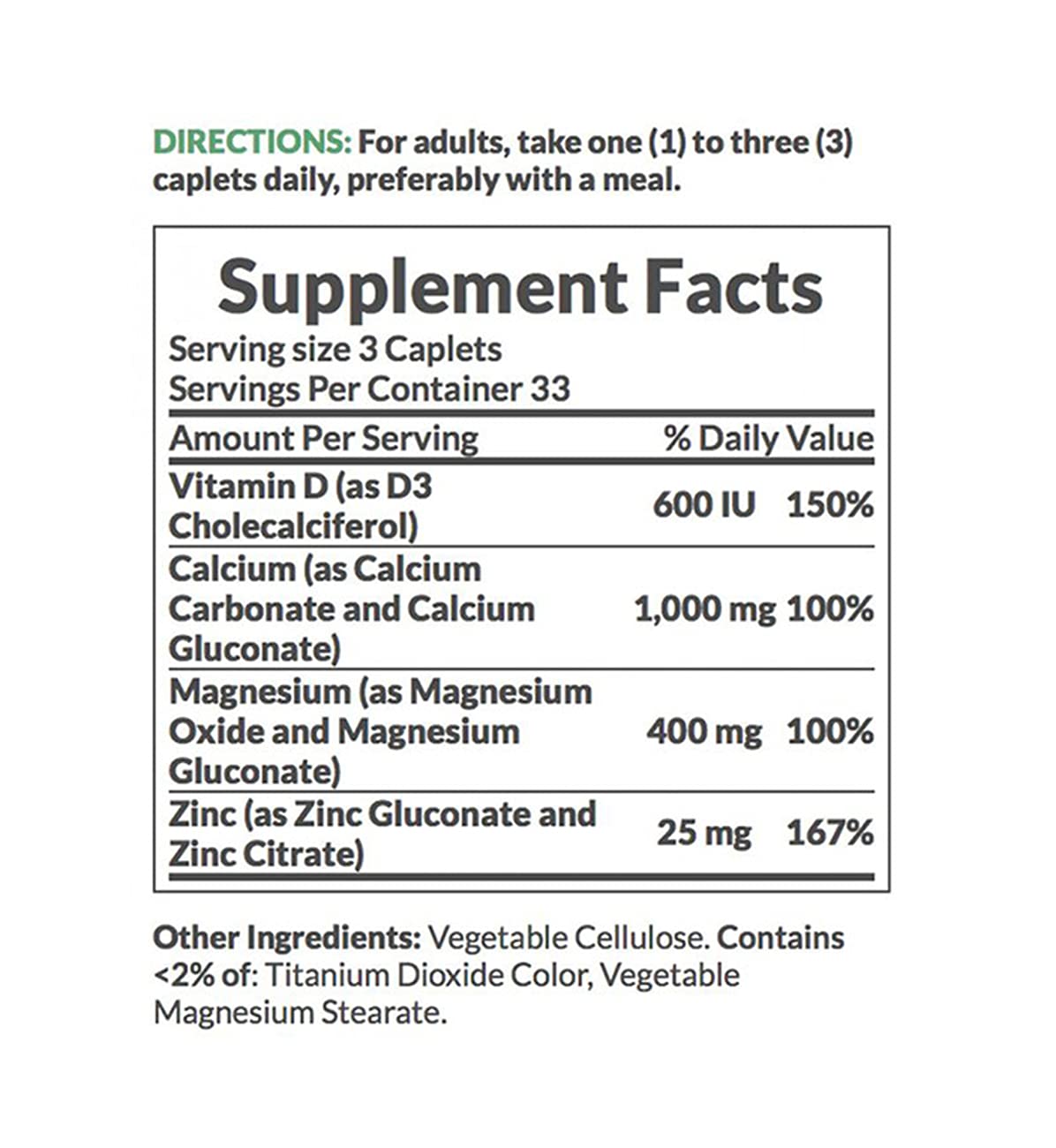 Nature's Bounty Calcium Magnesium Zinc label shown, indicating clear dosage and use