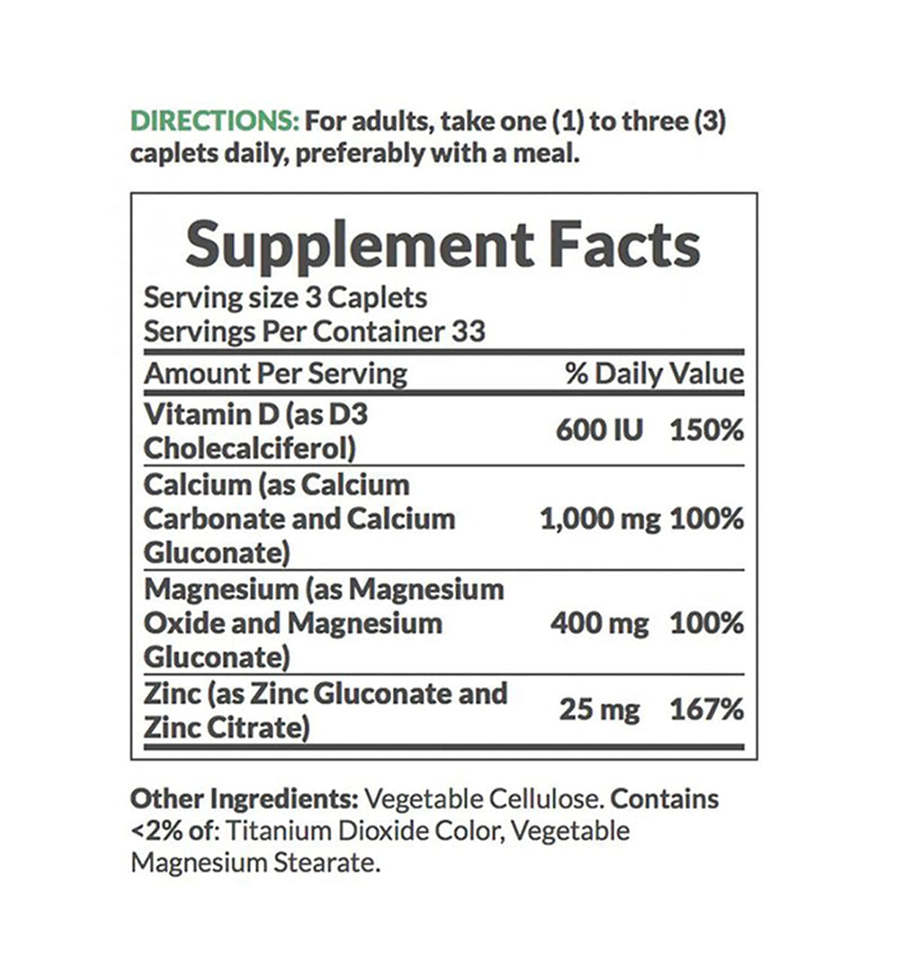 Nature's Bounty Calcium Magnesium Zinc label shown, indicating clear dosage and use