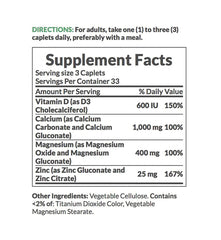 Nature's Bounty Calcium Magnesium Zinc label shown, indicating clear dosage and use