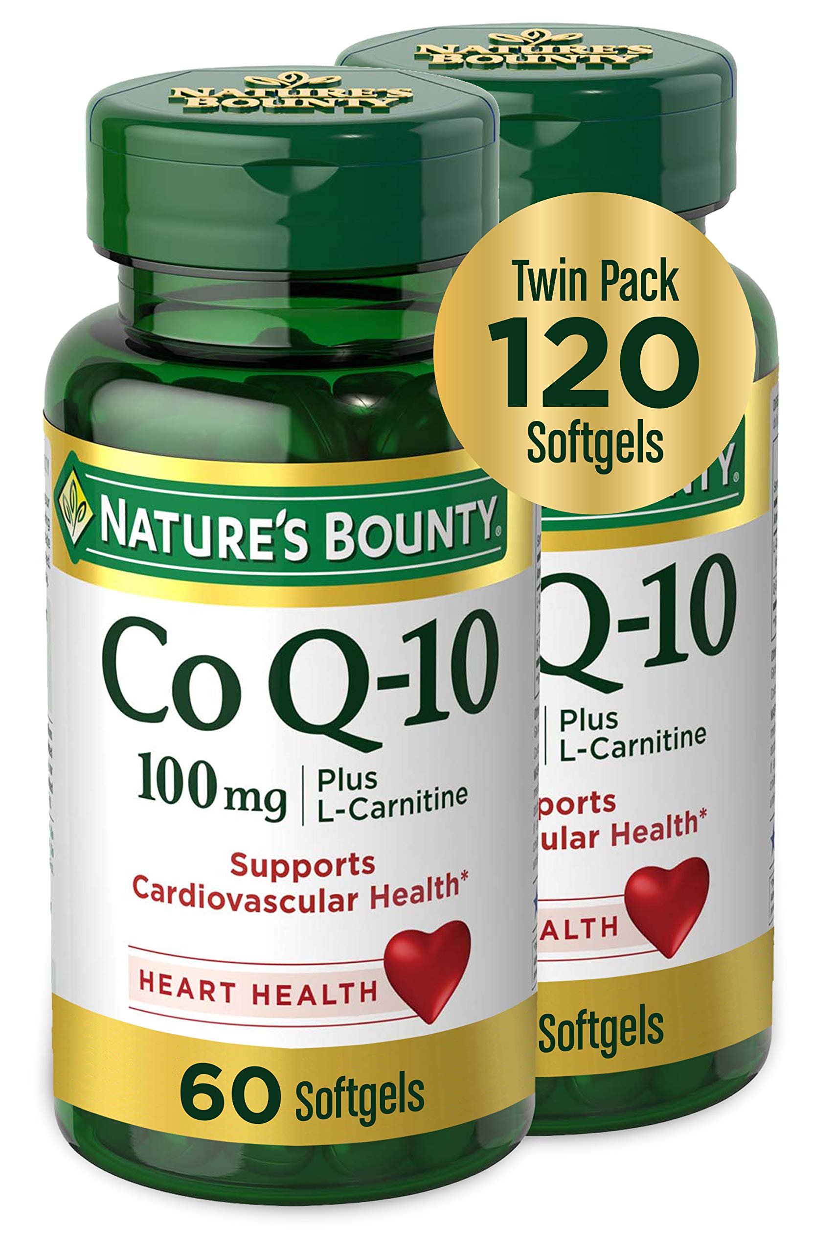Nature's Bounty CoQ10 Plus L-Carnitine softgel bottle promoting antioxidant support