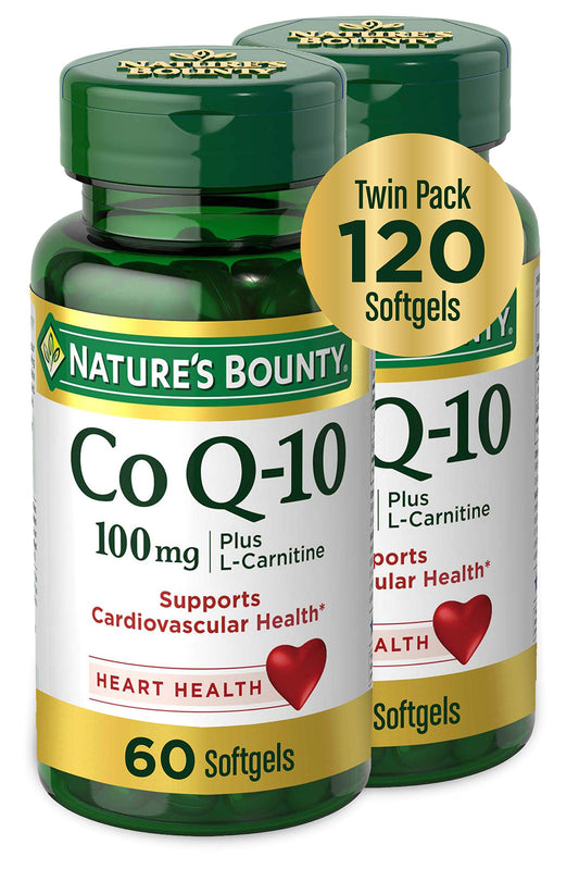 Nature's Bounty CoQ10 Plus L-Carnitine softgel bottle promoting antioxidant support