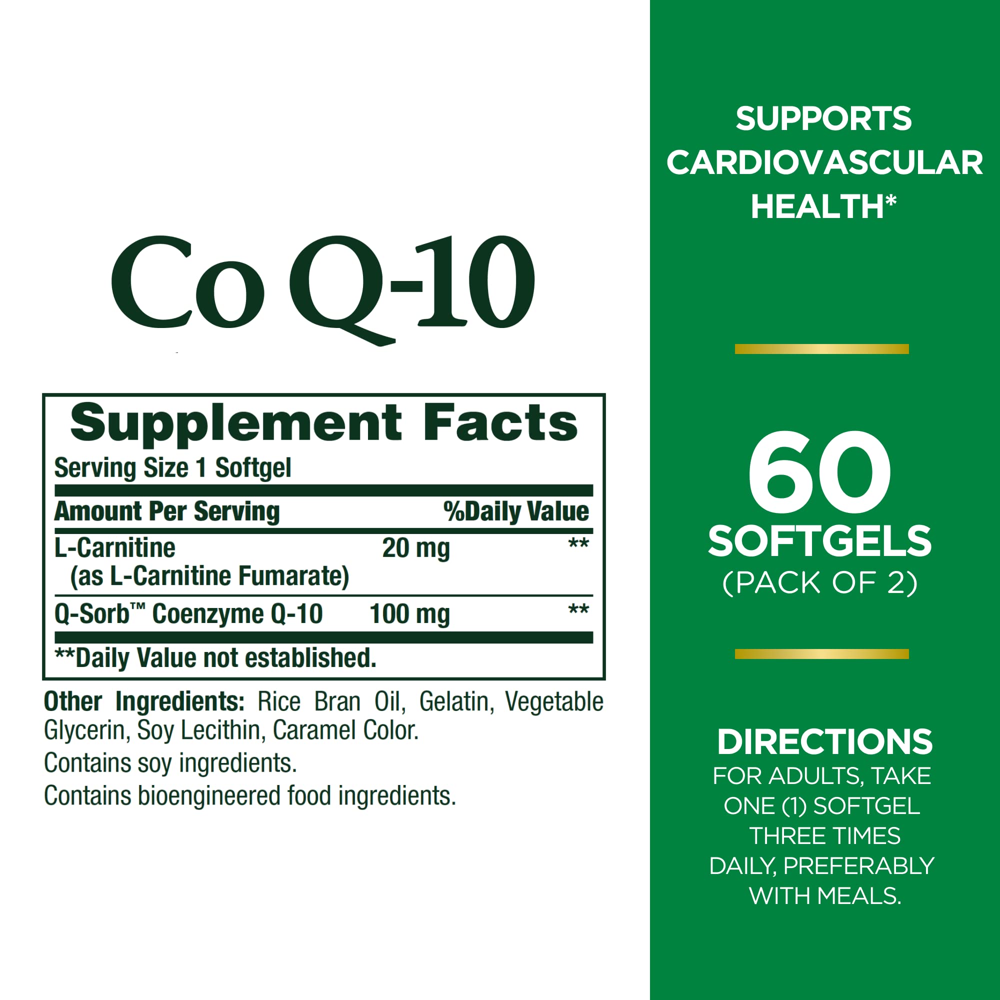 Nature's Bounty CoQ10 Plus L-Carnitine label showing gluten-free formula