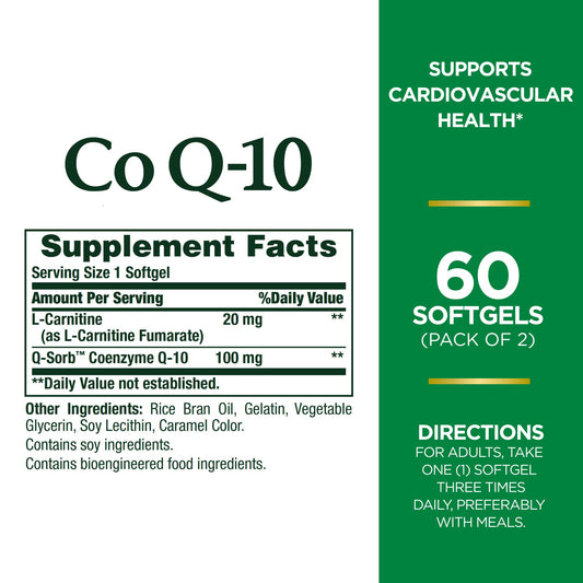 Nature's Bounty CoQ10 Plus L-Carnitine label showing gluten-free formula