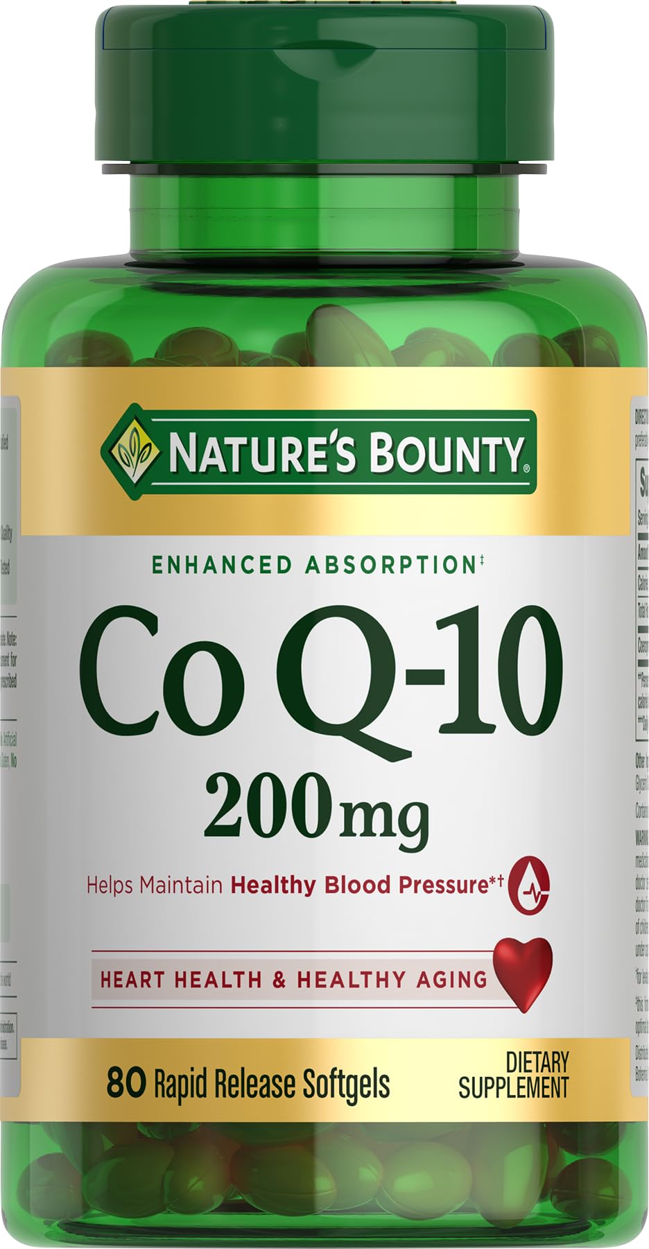 Nature's Bounty CoQ10 rapid-release softgels bottle highlights heart support and energy production.