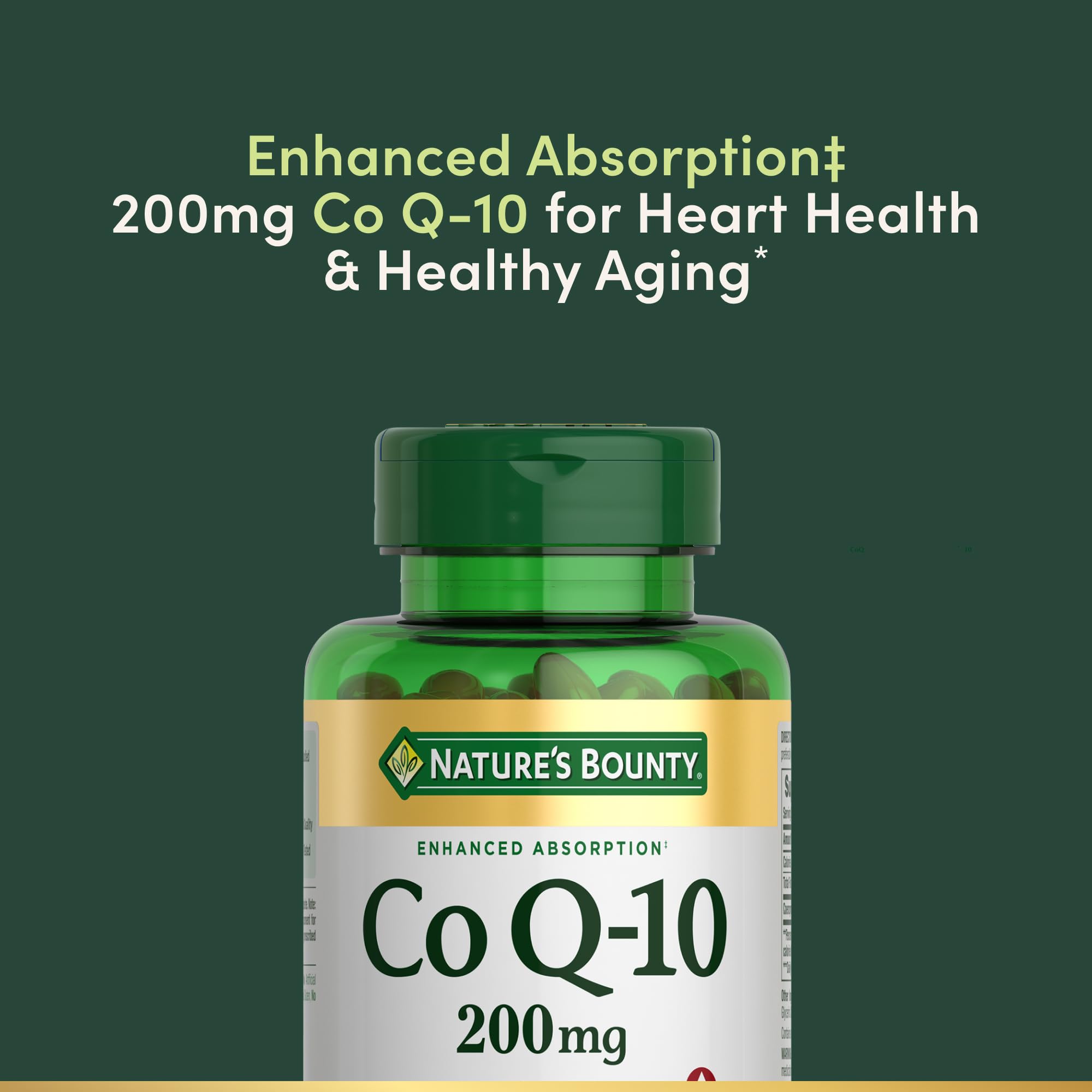 Nature's Bounty CoQ10 rapid-release label indicates non-GMO and sugar-free formula.