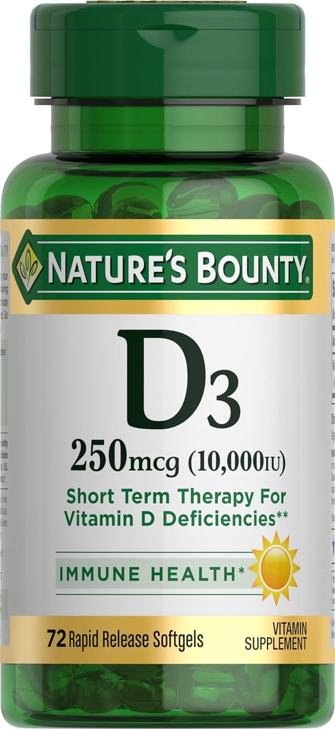 Nature's Bounty D3 10,000 IU softgels front bottle for daily vitamin D support.