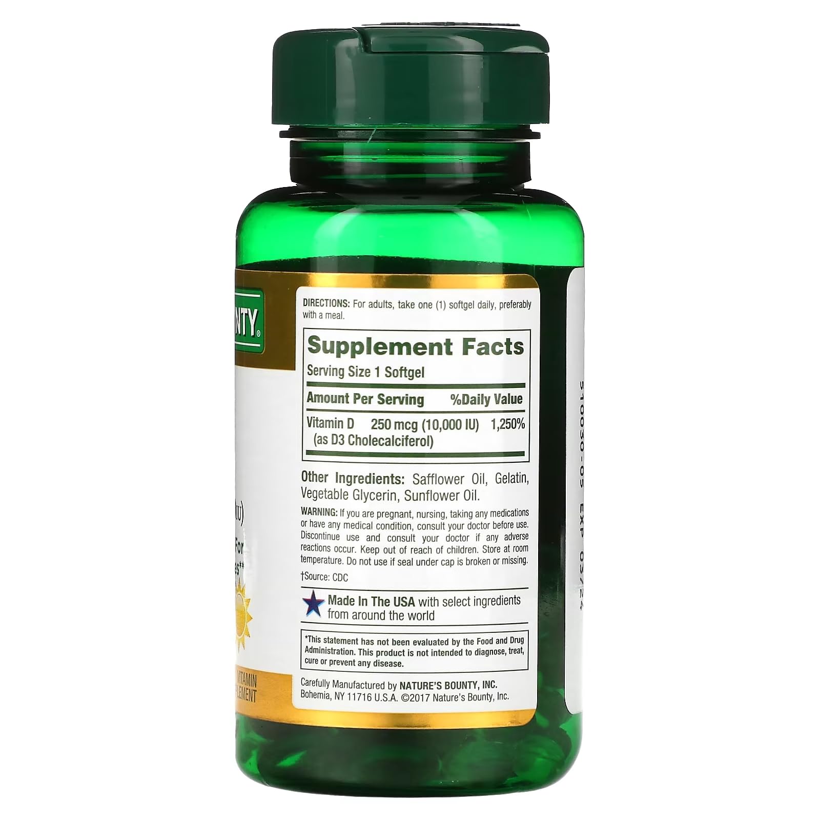 Nature's Bounty D3 10,000 IU softgels label close-up highlighting potency and ease.