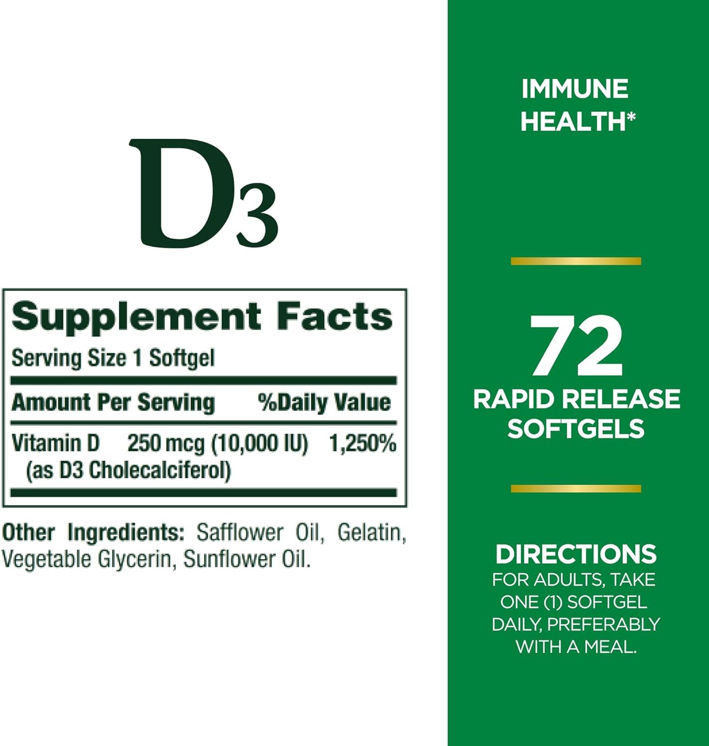 Nature's Bounty D3 10,000 IU softgels pour showing quick daily capsules.