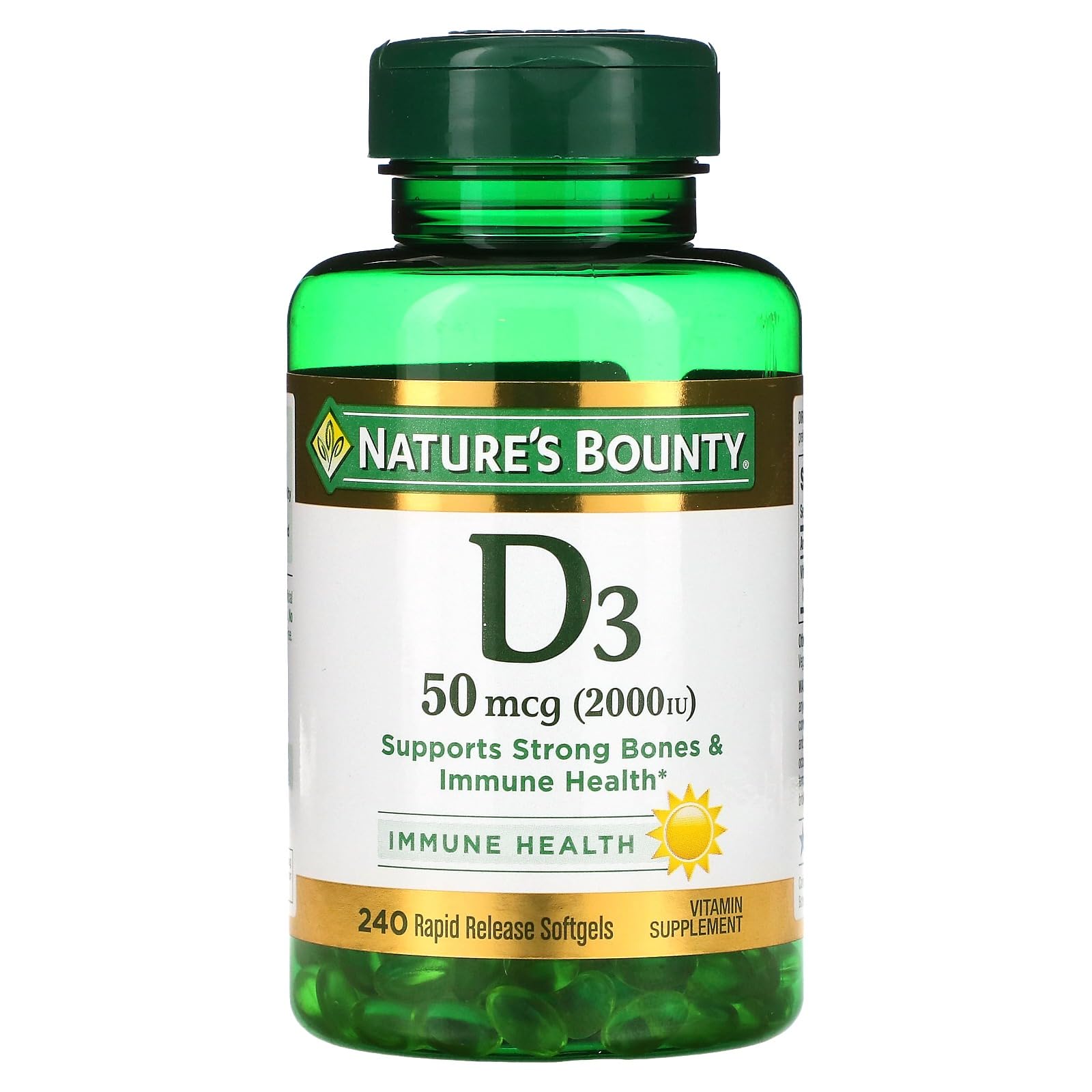 Nature's Bounty D3-2000 IU softgels bottle supports bone health.