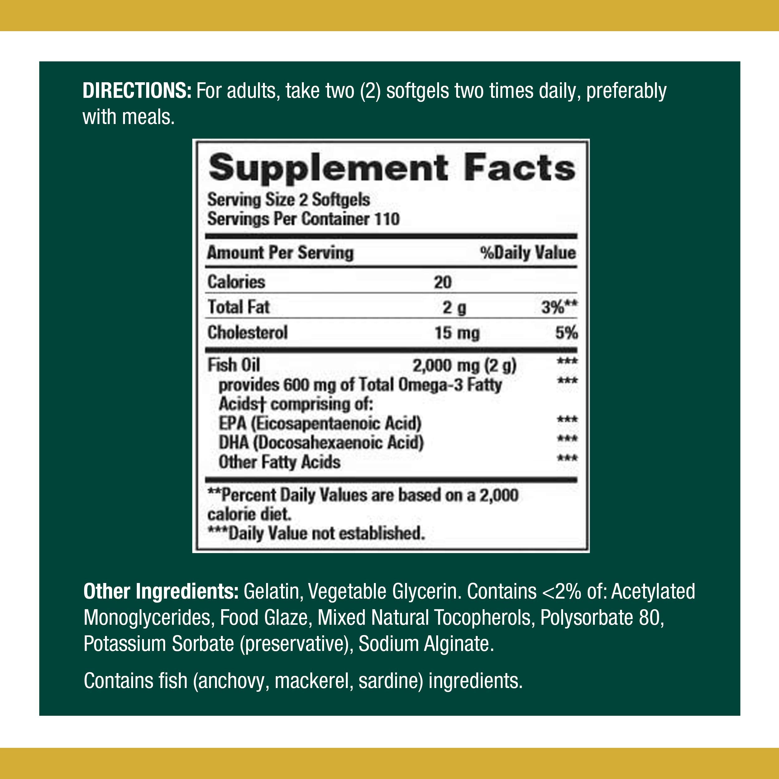 Nature's Bounty Fish Oil 1000 mg label highlights potency and serving size
