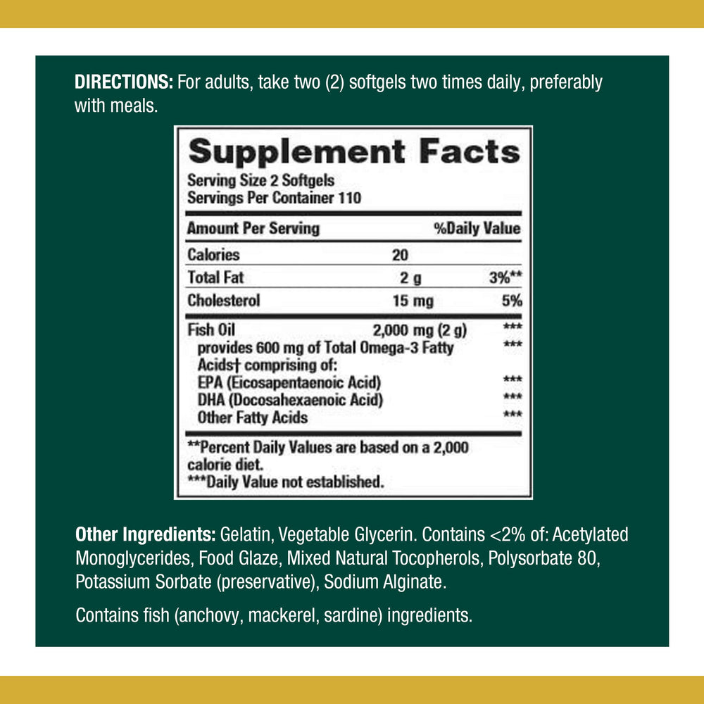 Nature's Bounty Fish Oil 1000 mg label highlights potency and serving size
