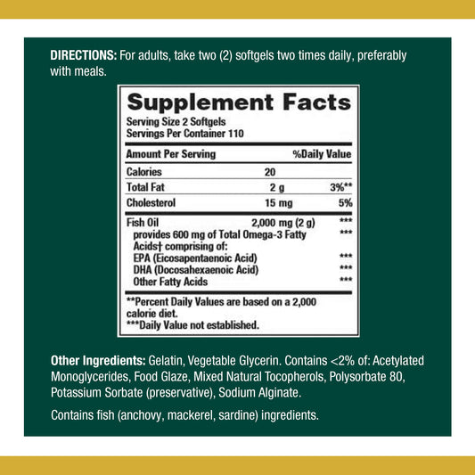 Nature's Bounty Fish Oil 1000 mg label highlights potency and serving size