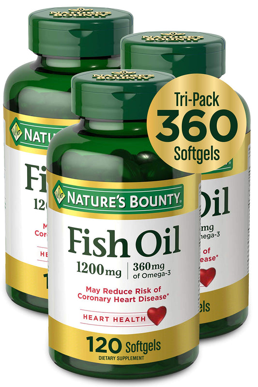 Nature's Bounty fish oil bottle showing 1200 mg and omega-3 support