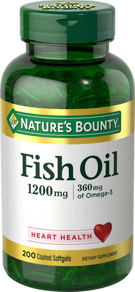 Nature's Bounty Fish Oil bottle front view for daily wellness routine.
