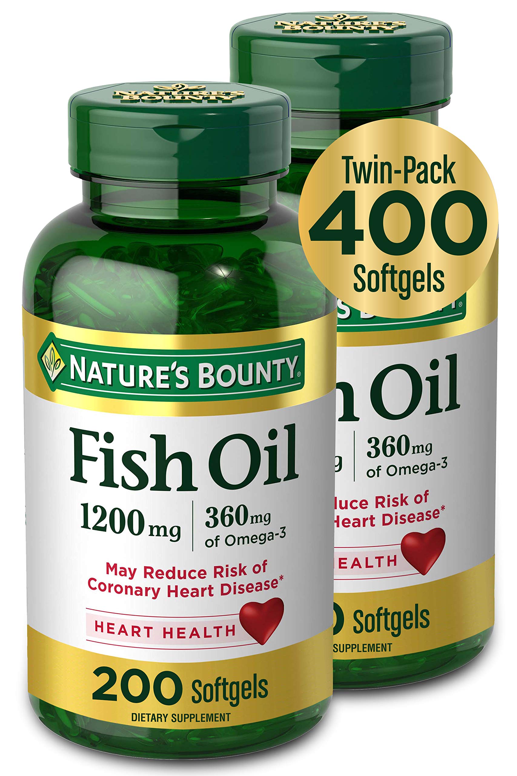 Nature's Bounty Fish Oil bottle with omega-3 softgels for heart health support