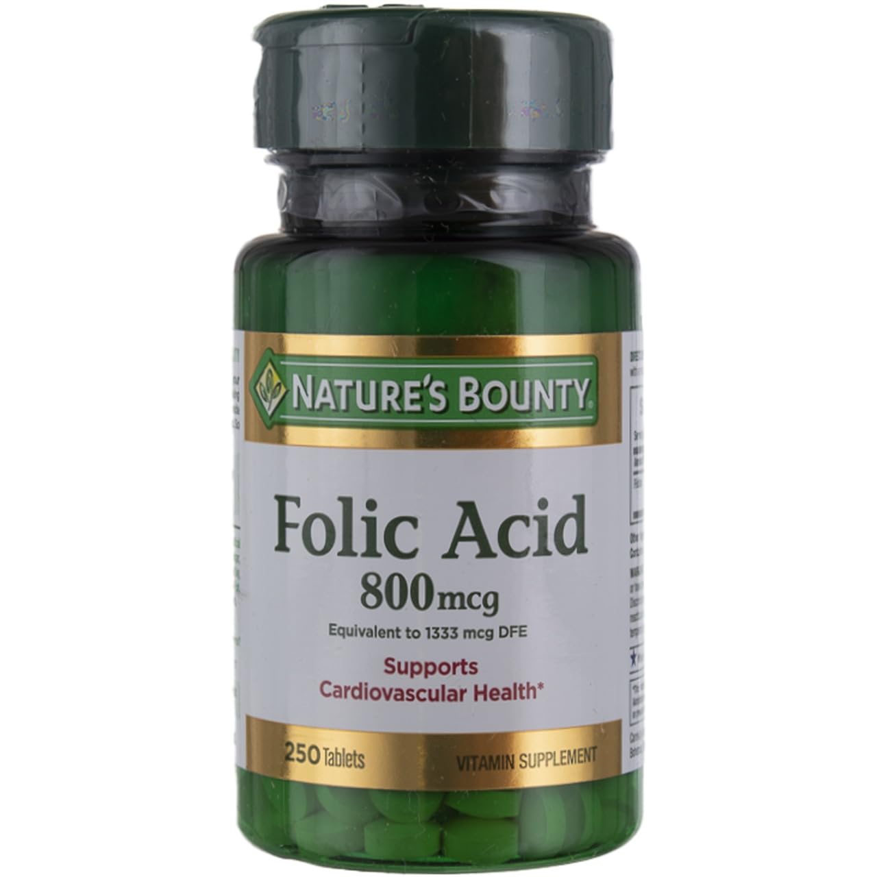 Nature's Bounty Folic Acid 800 mcg tablets bottle front, ideal for daily heart health support.