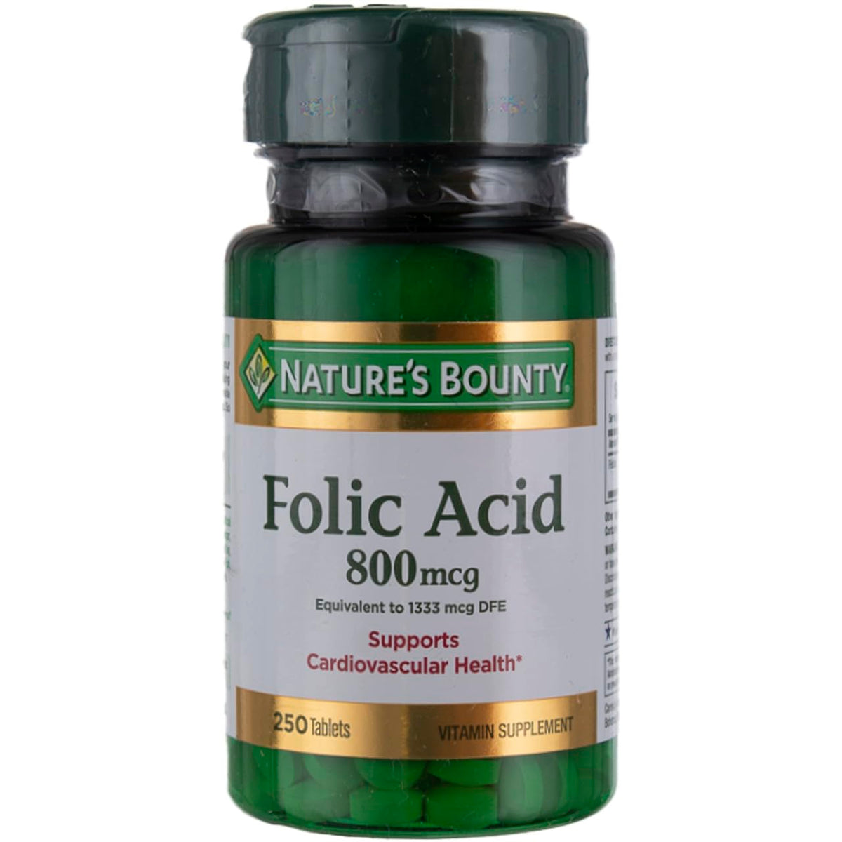 Nature's Bounty Folic Acid 800 mcg tablets bottle front, ideal for daily heart health support.
