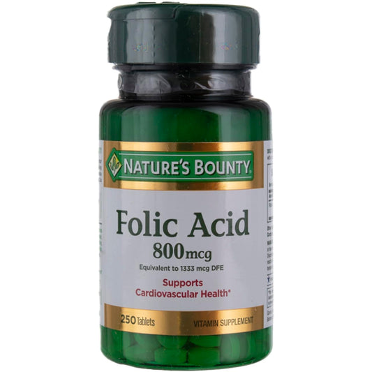 Nature's Bounty Folic Acid 800 mcg tablets bottle front, ideal for daily heart health support.
