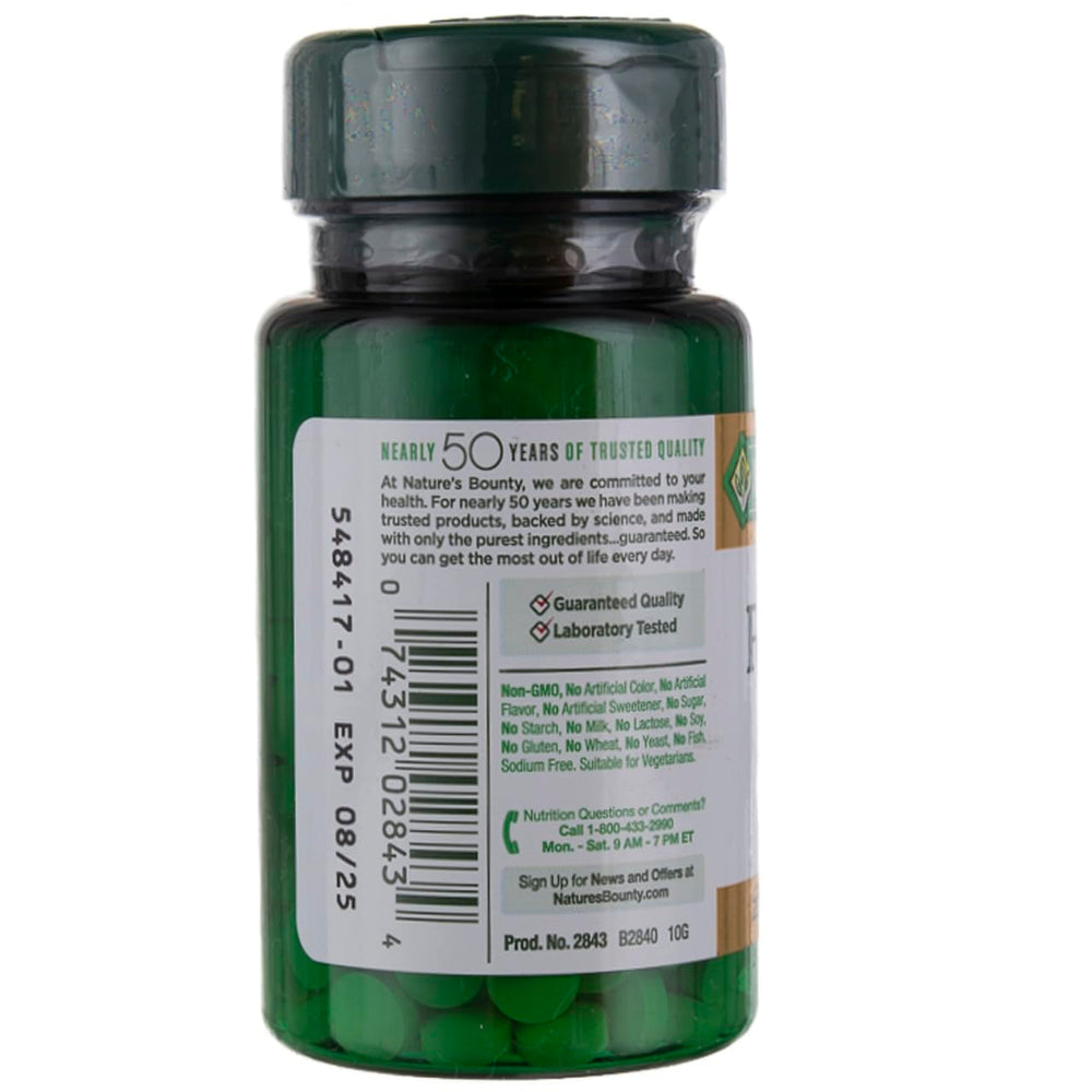 Nature's Bounty folic acid 800 mcg bottle label view, emphasizing high potency and packaging.