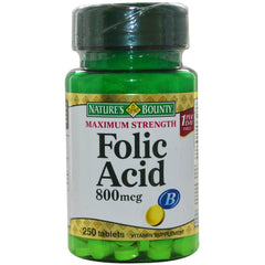Nature's Bounty folic acid 800 mcg tablets bottle front indicating energy support.
