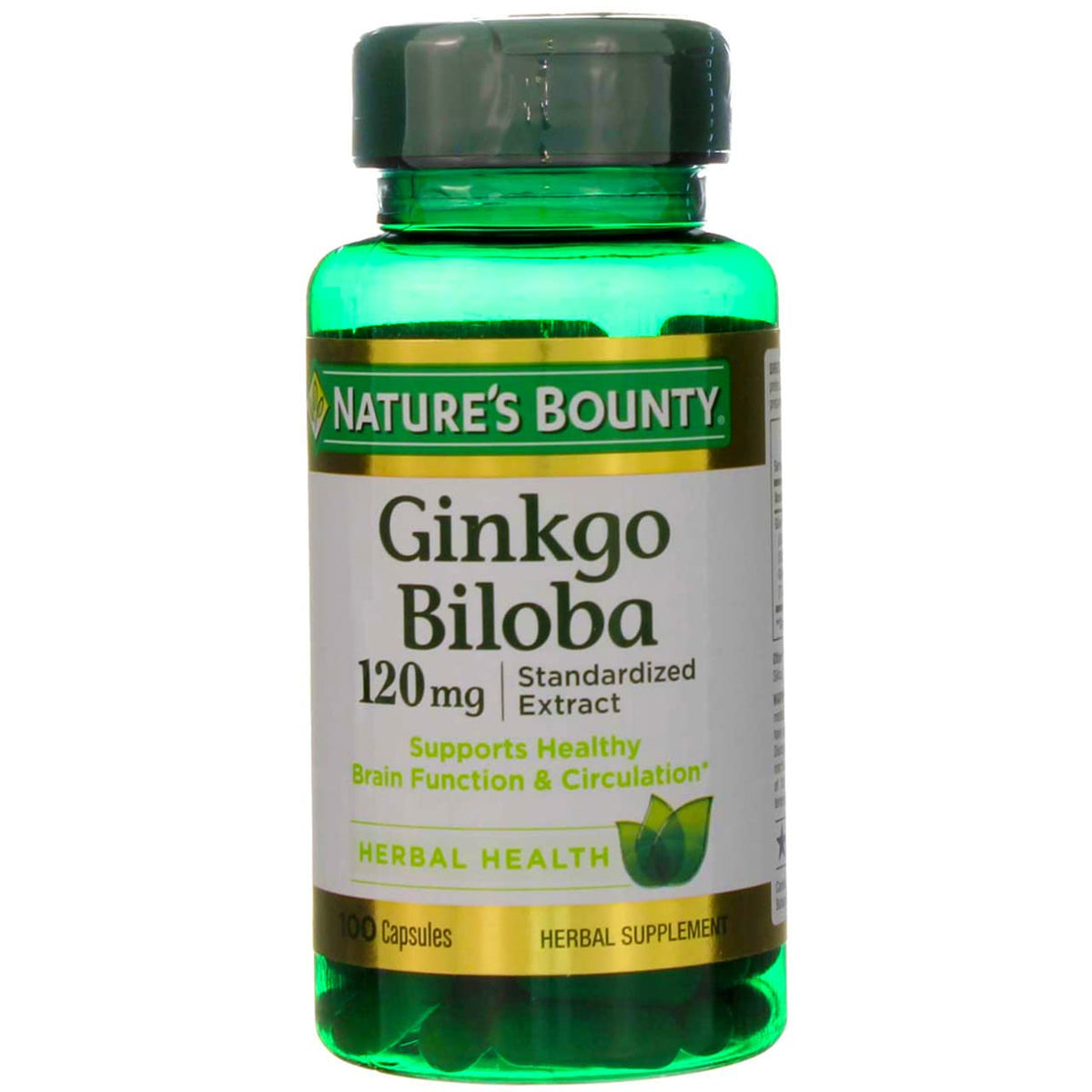 Nature's Bounty Ginkgo Biloba 120 mg bottle highlighting daily brain support potential