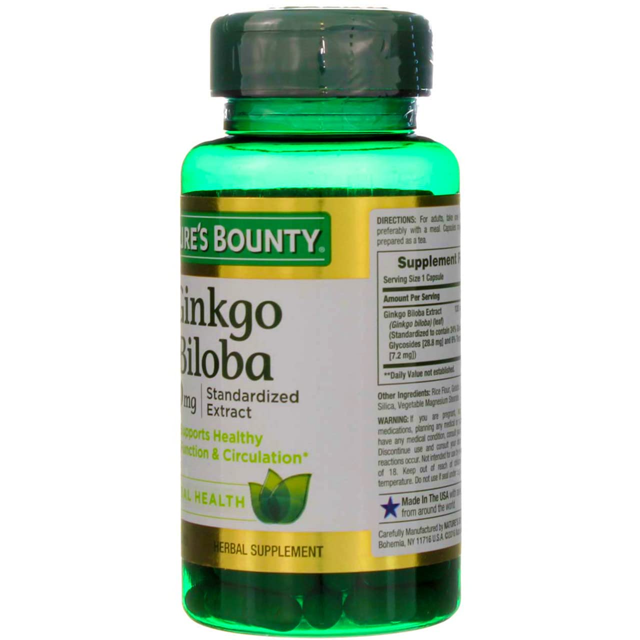 Nature's Bounty Ginkgo Biloba capsules with glass of water signaling easy daily intake