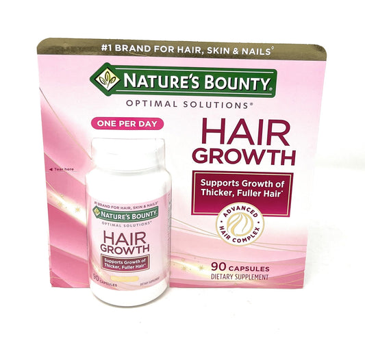 Nature's Bounty Hair Growth bottle with capsules supports daily hair health.