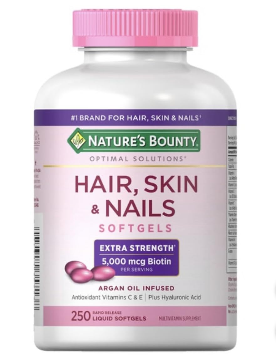 Nature's Bounty Hair, Skin & Nails bottle with 250 softgels for daily beauty support.