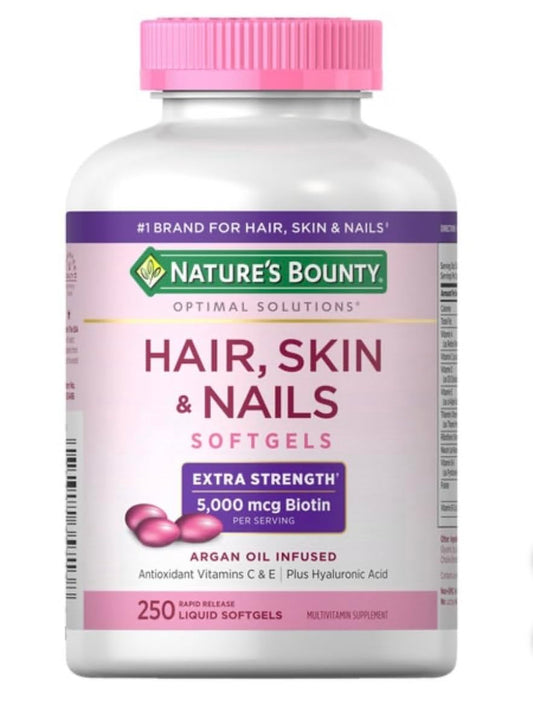 Nature's Bounty Hair, Skin & Nails bottle with 250 softgels for daily beauty support.