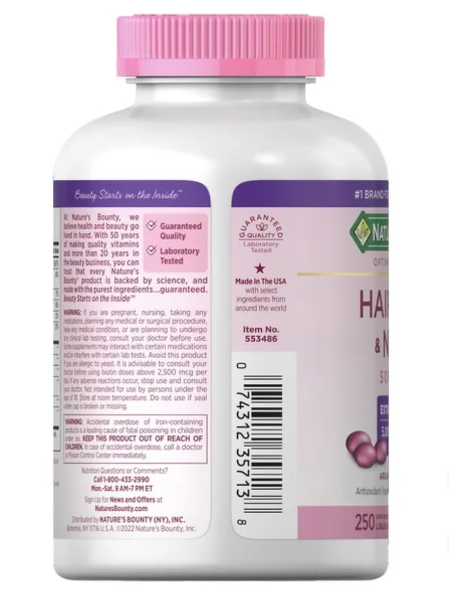 Nature's Bounty hair, skin & nails capsules in softgels for convenient daily use.