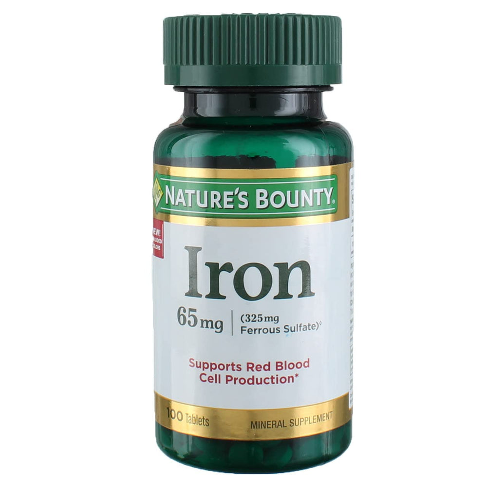 Nature's Bounty Iron 65 mg bottle with easy-to-swallow capsules for daily iron support.