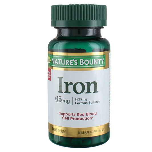 Nature's Bounty Iron 65 mg bottle with easy-to-swallow capsules for daily iron support.