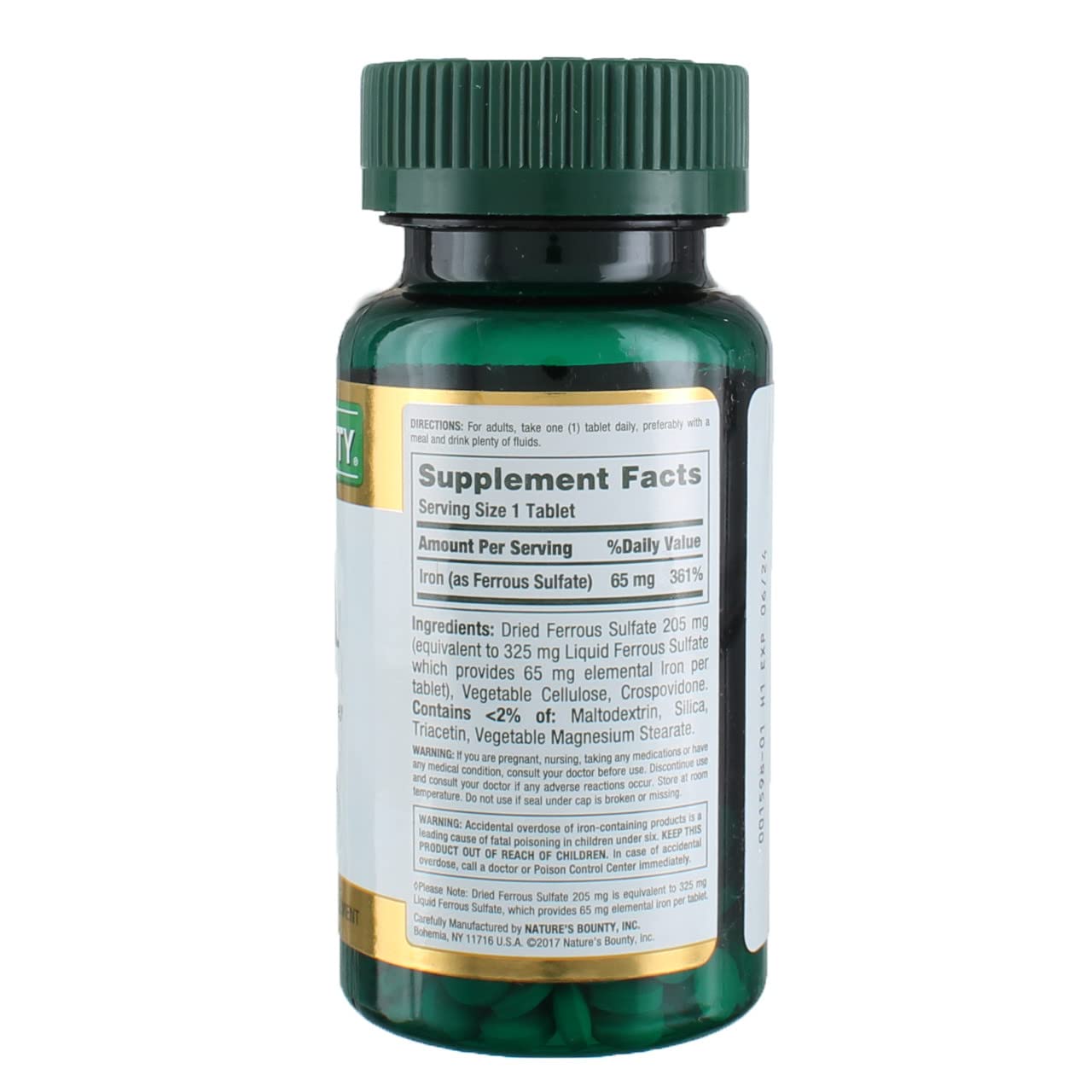 Nature's Bounty Iron 65 mg cap close-up for secure, mess-free daily use.