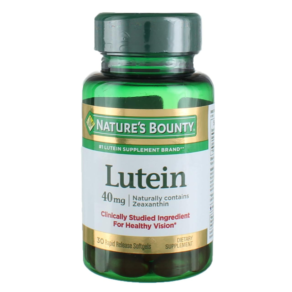 Nature's Bounty Lutein 40 mg bottle front showing packaging for daily eye health support.