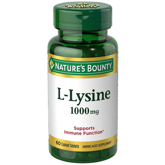 Nature's Bounty L-Lysine 1000 mg tablets bottle pour for daily supplementation