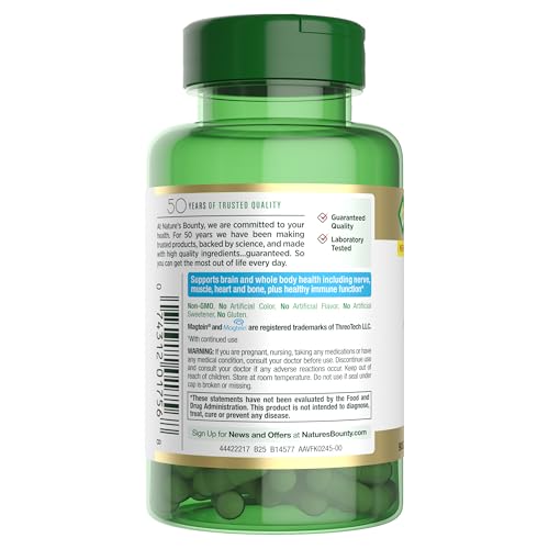Nature's Bounty magnesium L-Threonate bottle with glass suggesting morning ritual.