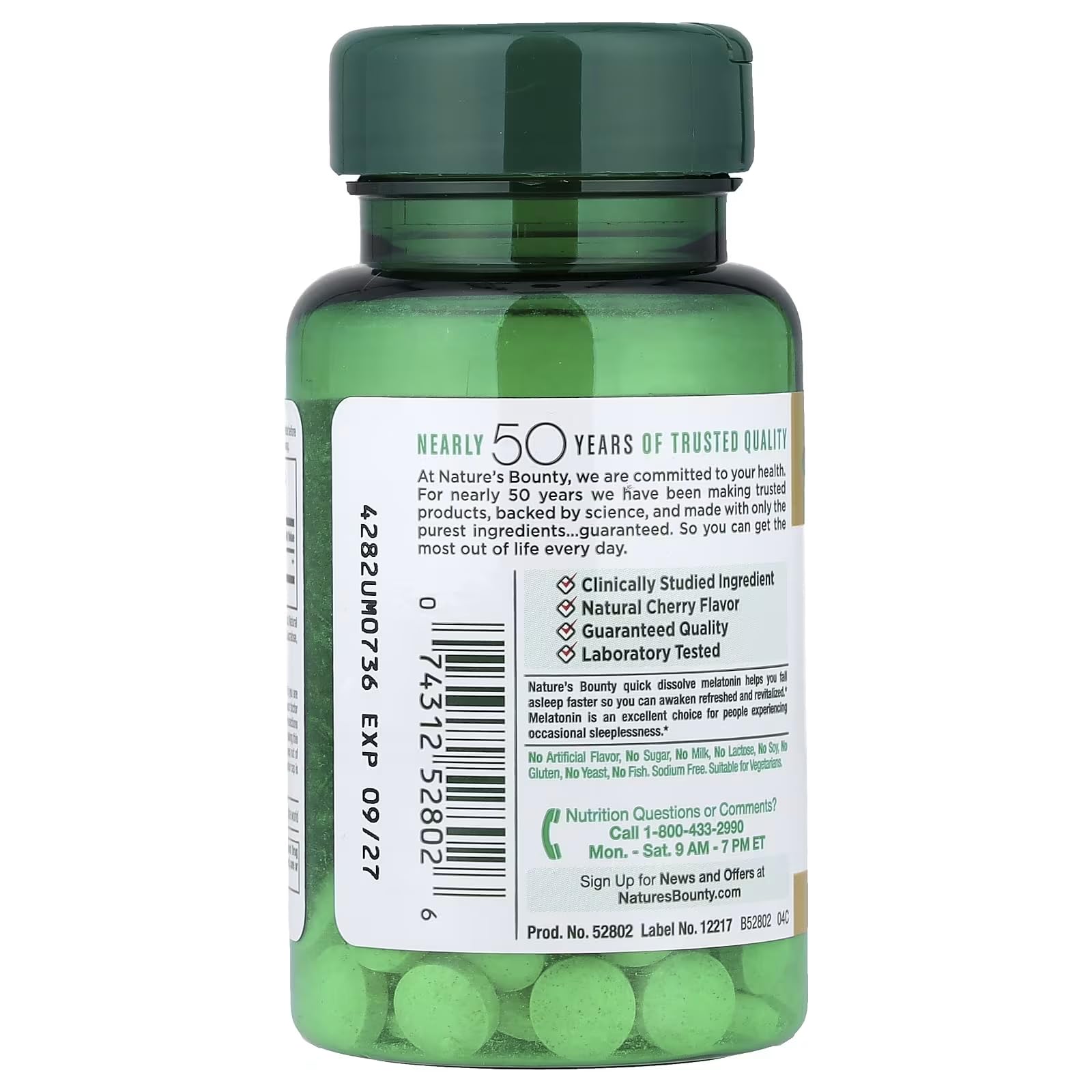 Nature's Bounty Melatonin bottle with cherry flavor for bedtime routine.