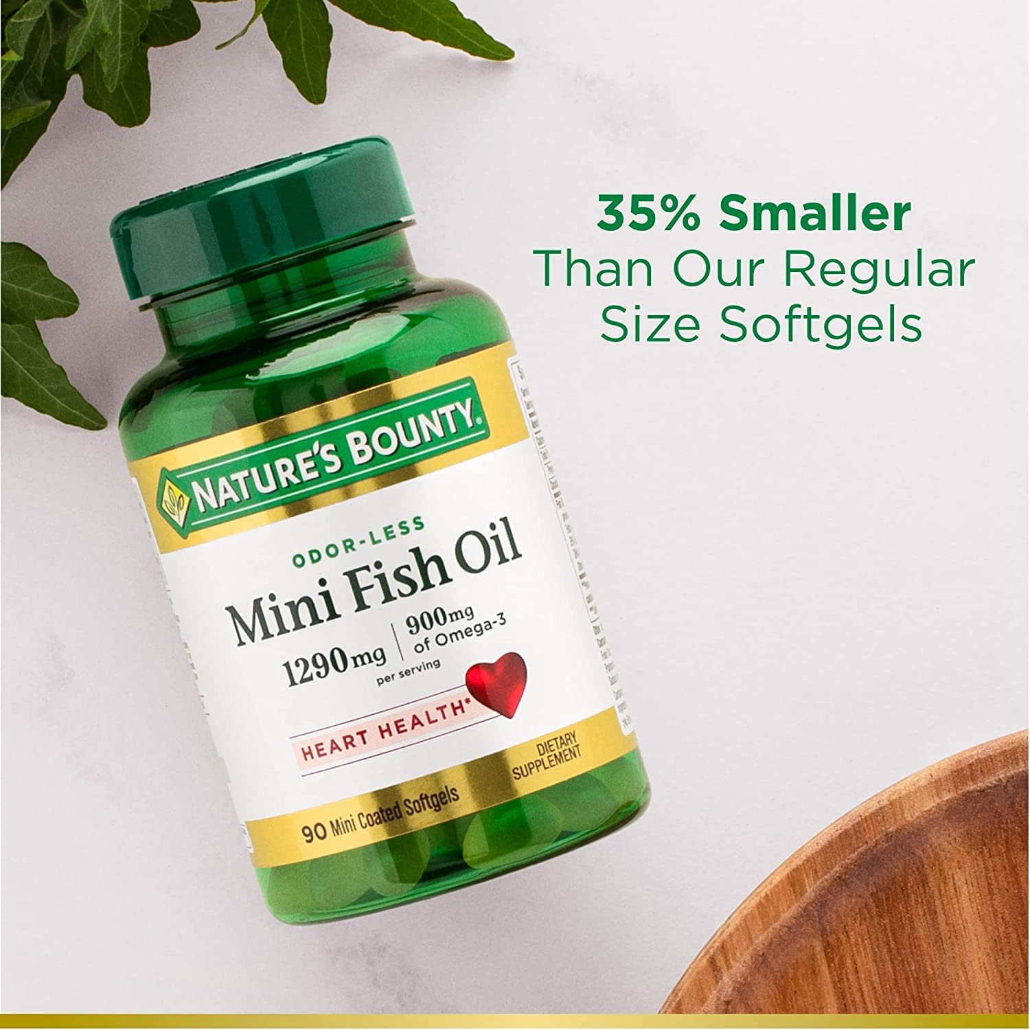 Nature's Bounty Mini Fish Oil Softgels odorless coating reduces fish burps during use.