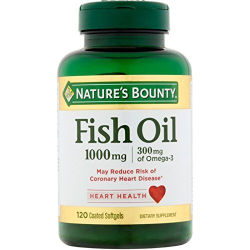Nature's Bounty Omega-3 fish oil softgels bottle, odorless coating for easy daily use and heart-support potential.