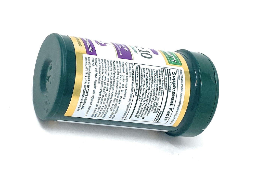 Nature's Bounty Probiotic 10 daily-use image demonstrates convenient one-per-day capsule.