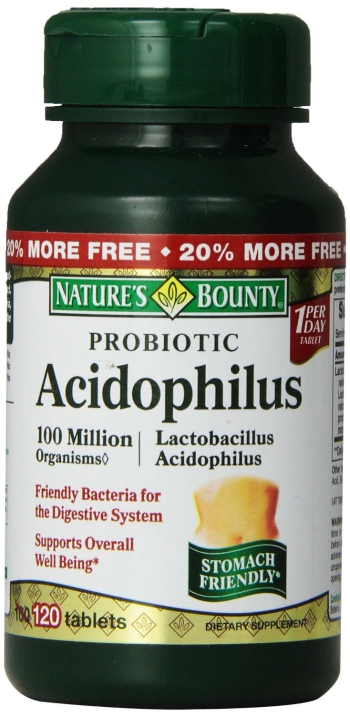 Nature's Bounty probiotic acidophilus tablets bottle front view for digestive support.