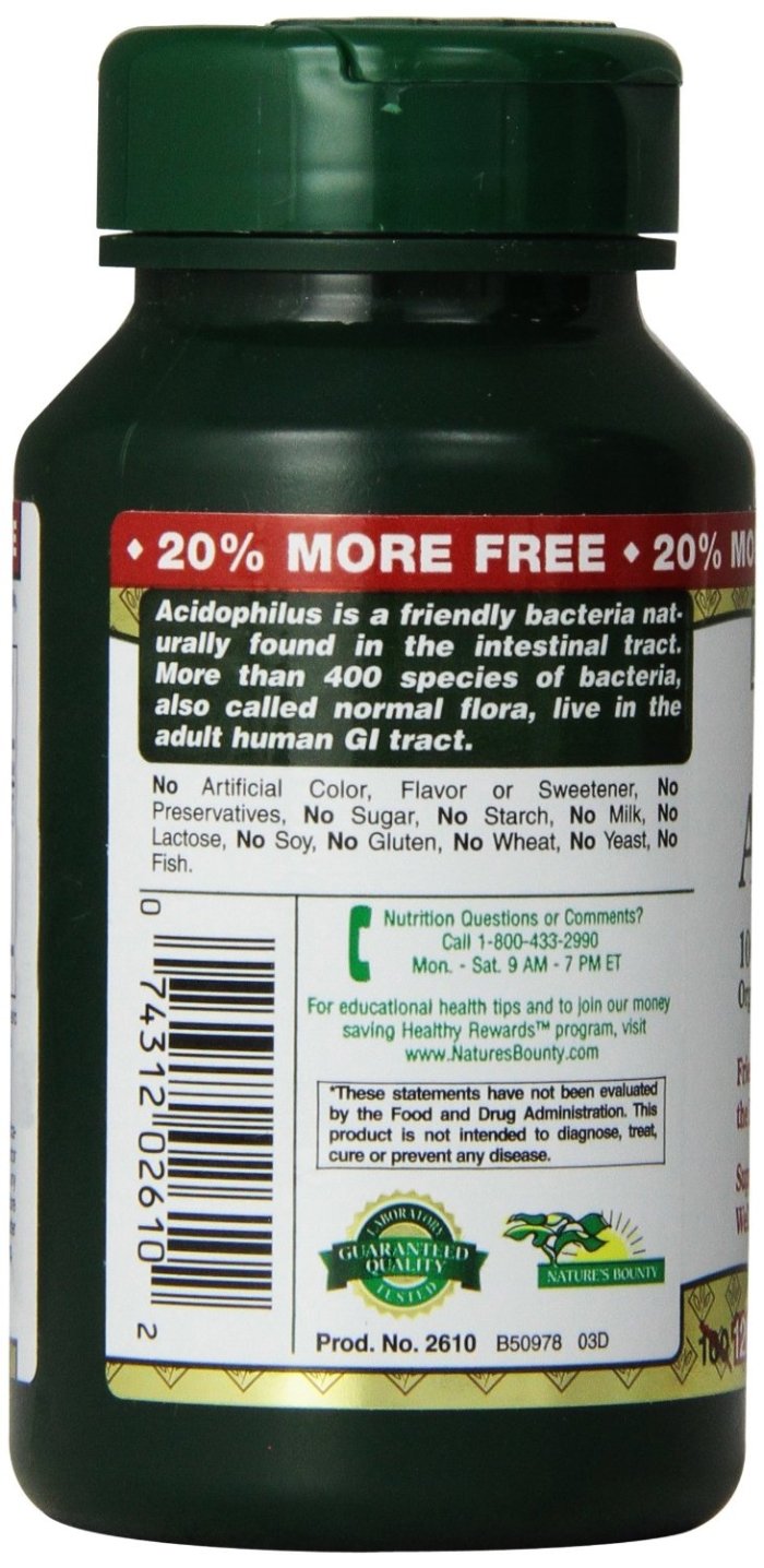 Nature's Bounty probiotic acidophilus label close-up highlighting live bacteria count for gut balance.
