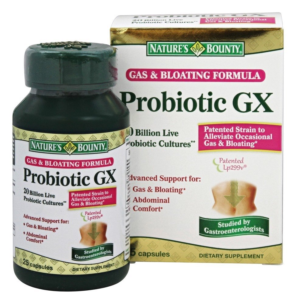 Nature's Bounty Probiotic GX bottle shows gas-relief capsules