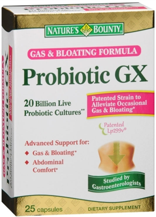 Nature's Bounty Probiotic GX bottle front for gas and bloating support