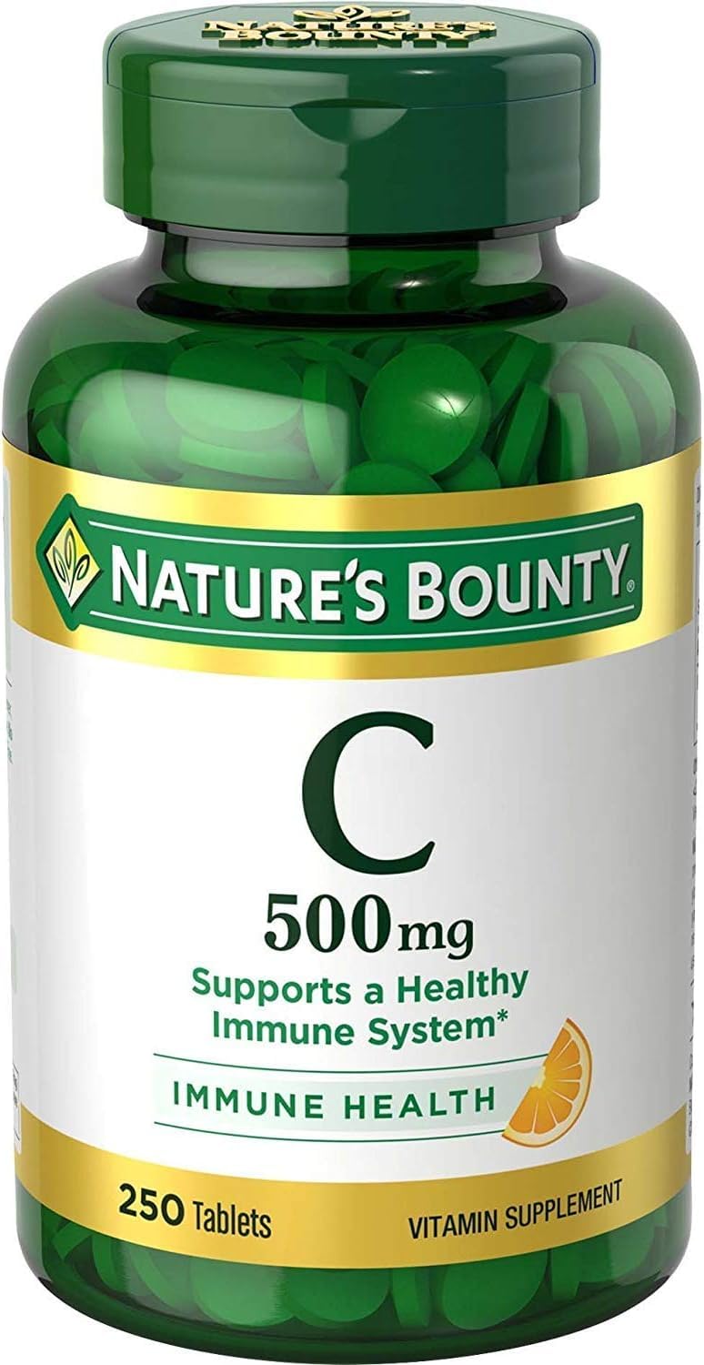 Nature's Bounty Pure Vitamin C 500 mg tablets bottle with clear label for trust