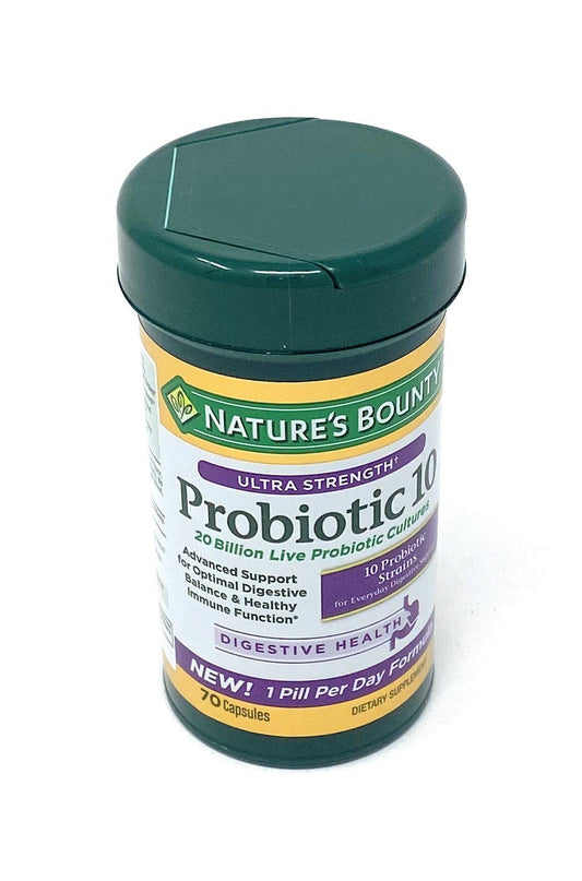 Nature's Bounty Ultra Strength Probiotic 10 bottle front showing 20B cultures for digestive balance.