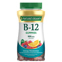 Nature's Bounty Vitamin B12 gummies bottle highlighting energy metabolism support and daily wellness