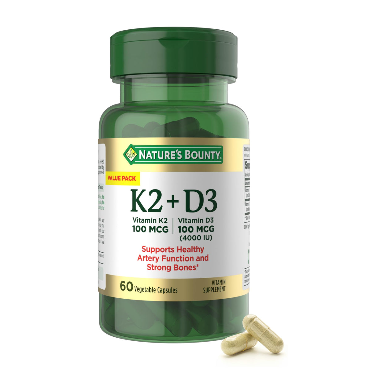 Nature's Bounty Vitamin D3 K2 bottle front suggests immune and bone support possibilities