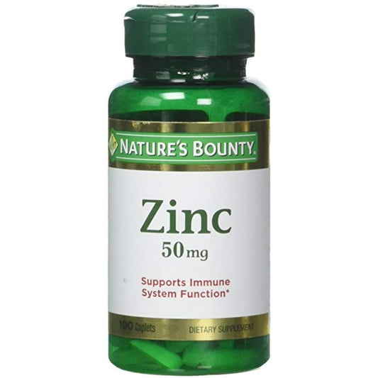 Close-up of Nature's Bounty zinc label showing 50 mg strength
